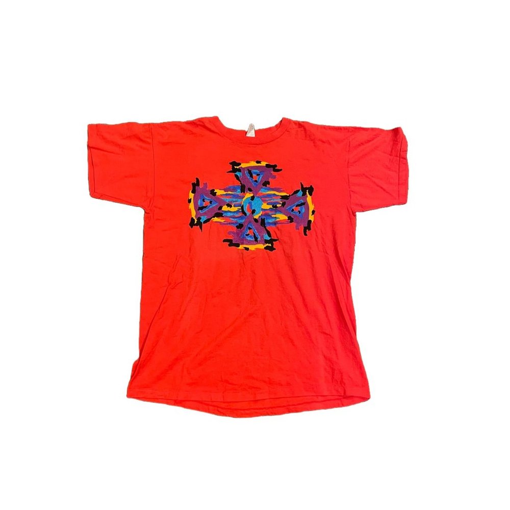 Vintage Rare Abstract Cross Painting Art T Shirt XL Red